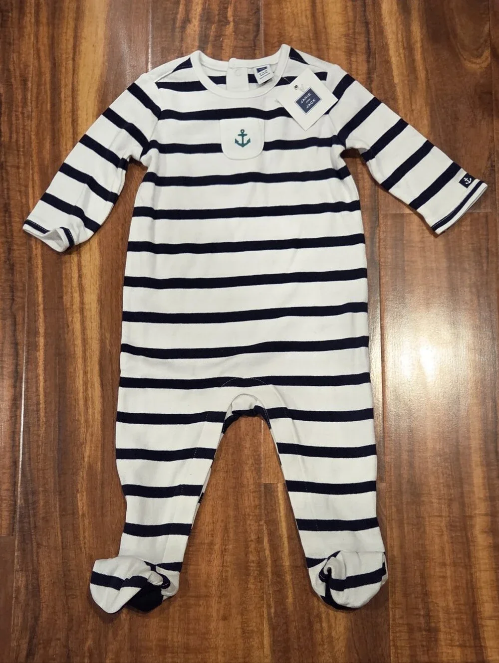 Janie and Jack NWT 6-12 Months White/Navy Striped Anchor Footie Romper